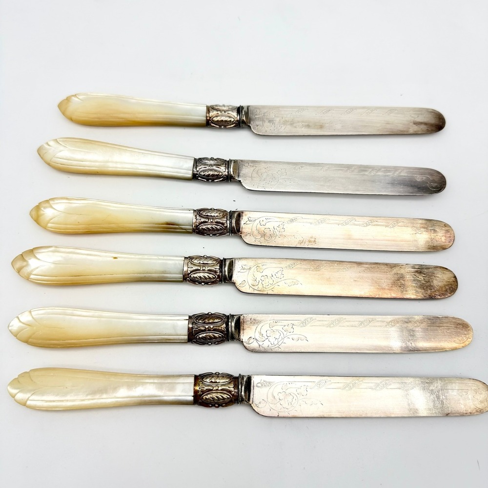 Antique Victorian Mother of‎ Pearl Engraved Dessert Knives Set of 6 Silverplate